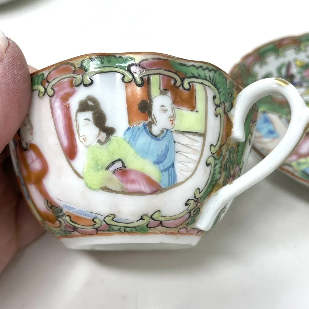 Antique Rose Medallion Chinese Porcelain Tea Cup & Saucer‎ Lot Of 3 Asian Art